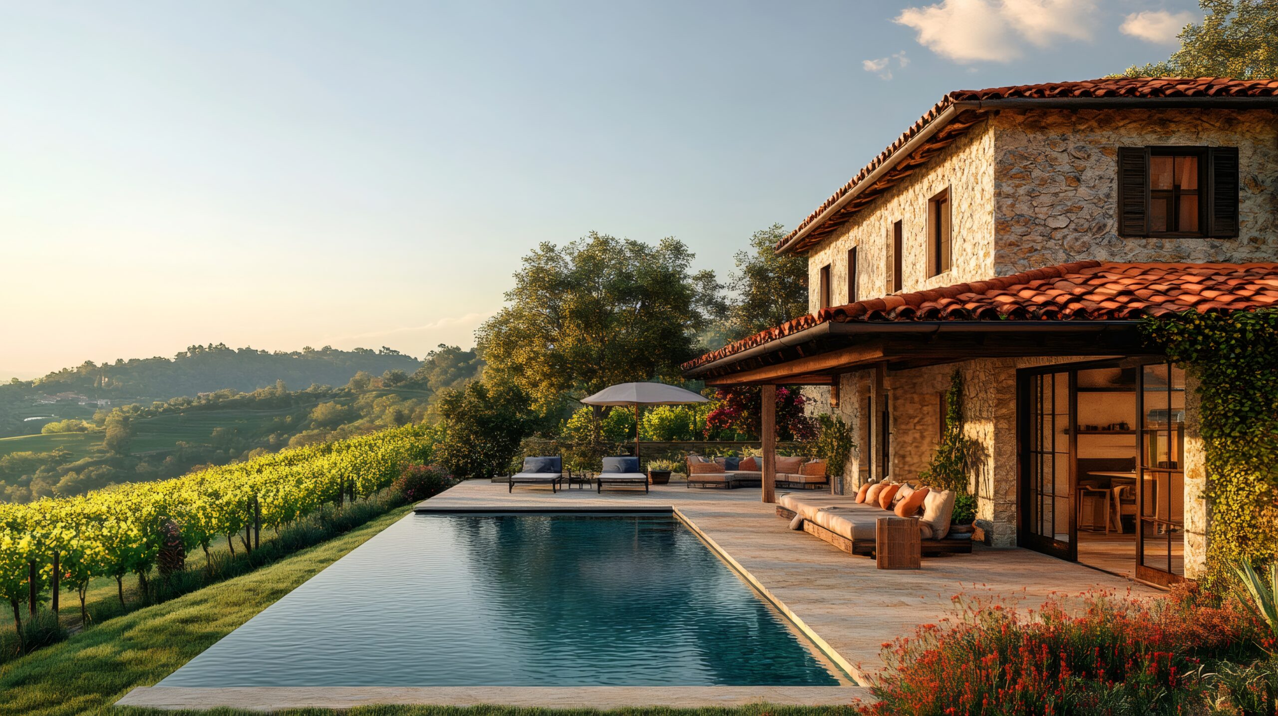 Tranquil scene of a Tuscan villa with infinity pool overlooking vineyards at sunset, offering a luxurious and peaceful retreat